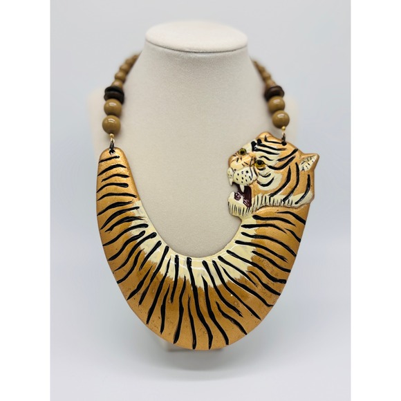 American Vintage Jewelry - Huge Vintage Hand Painted Tiger Statement Necklace